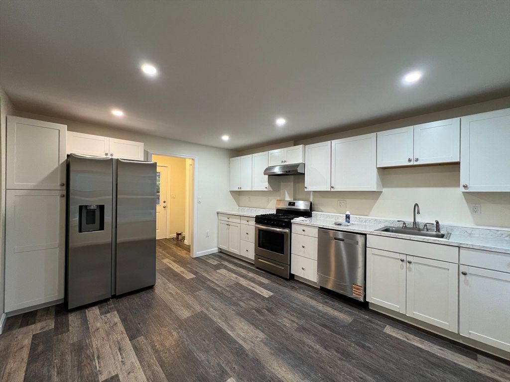 Interior, Kitchen, Recessed Lighting, Stainless Steel Appliances, Wood Texture Flooring