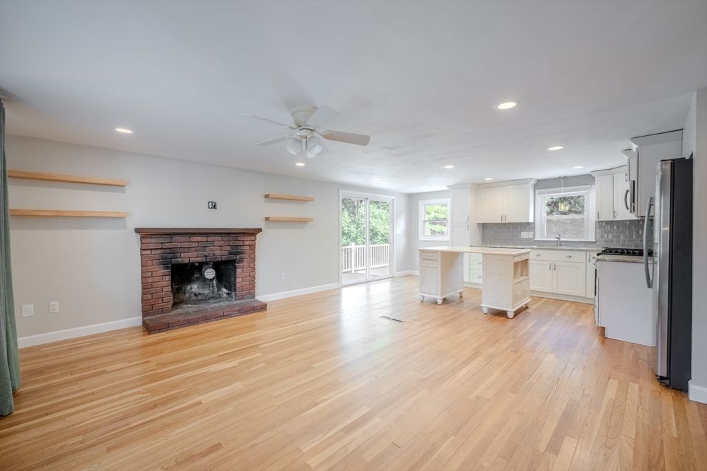 Fireplace, Interior, Kitchen, Recessed Lighting, Wood Texture Flooring