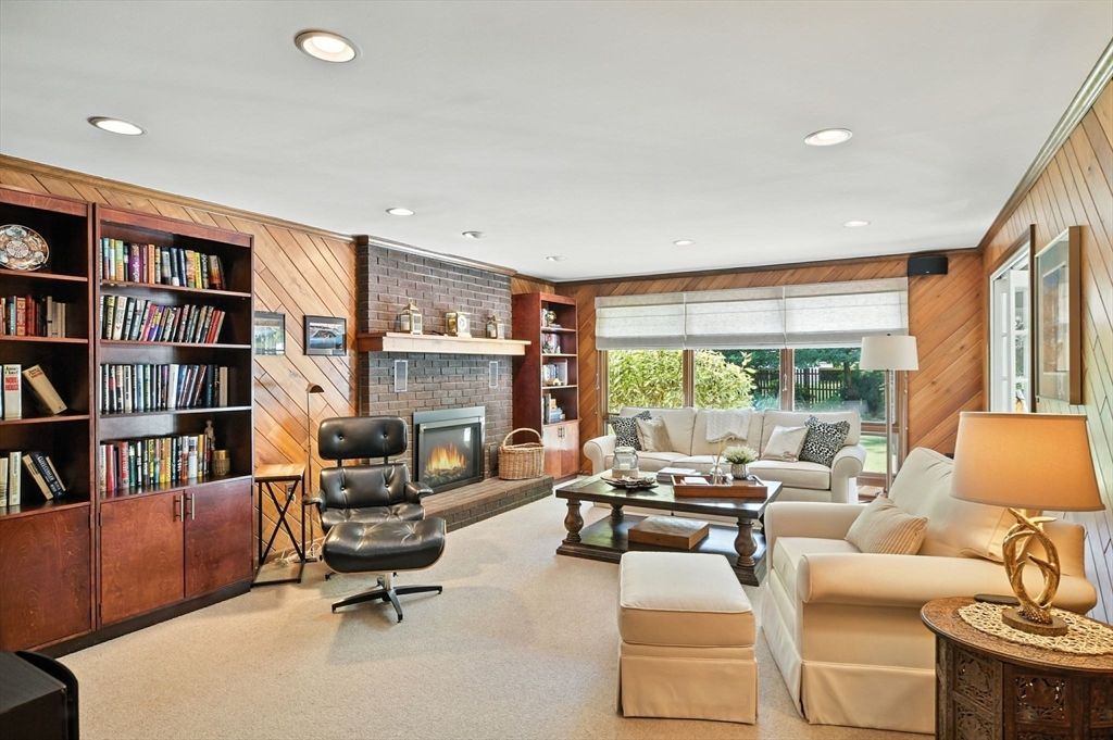 Fireplace, Interior, Living room, Recessed Lighting, Stone Walls, Wooden Walls