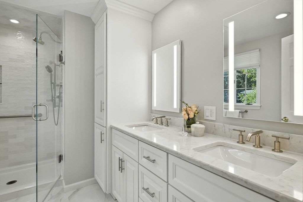Bathroom, Dual Sink Vanities, Glass Shower, Interior, Marble, Recessed Lighting