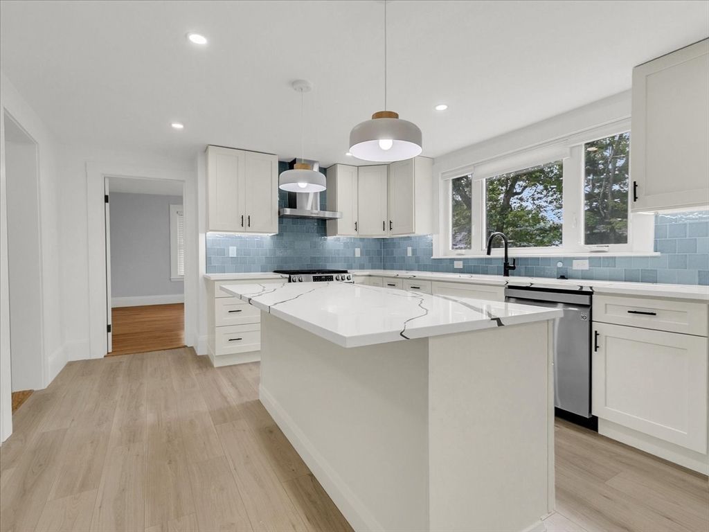 Interior, Kitchen, Pendant Lights, Recessed Lighting, Stainless Steel Appliances, Wood Texture Flooring