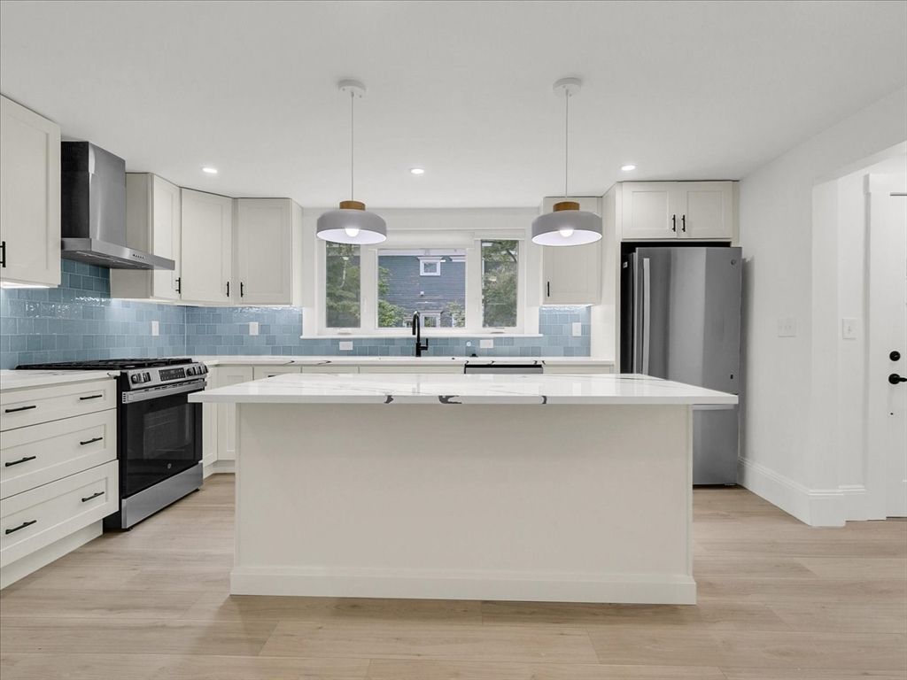 Interior, Kitchen, Pendant Lights, Recessed Lighting, Stainless Steel Appliances, Wood Texture Flooring