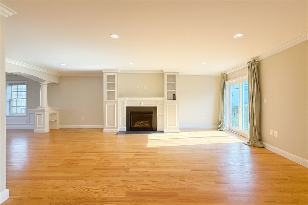 Empty room, Fireplace, Interior, Recessed Lighting, Wood Texture Flooring