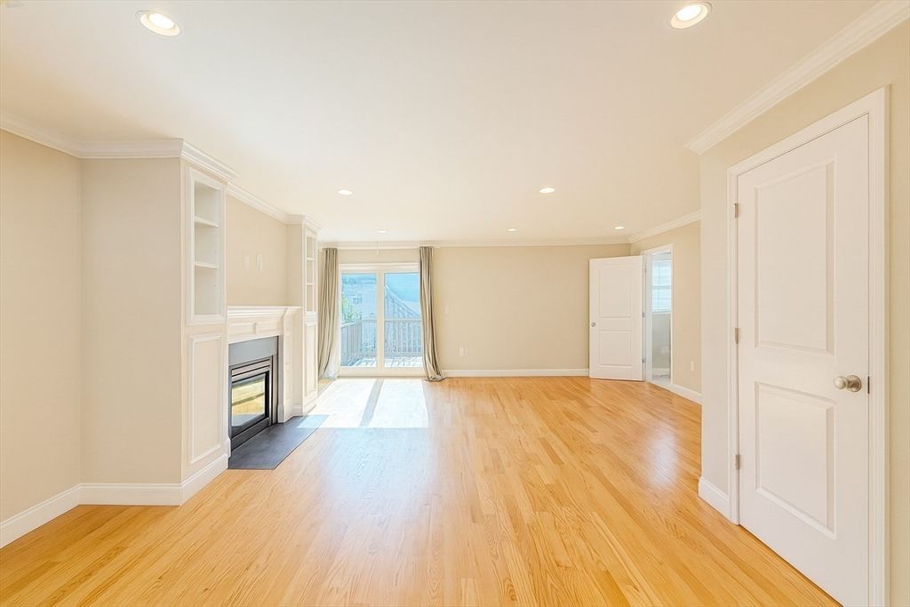 Empty room, Fireplace, Interior, Recessed Lighting, Wood Texture Flooring