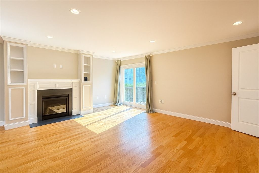 Empty room, Fireplace, Interior, Recessed Lighting, Wood Texture Flooring