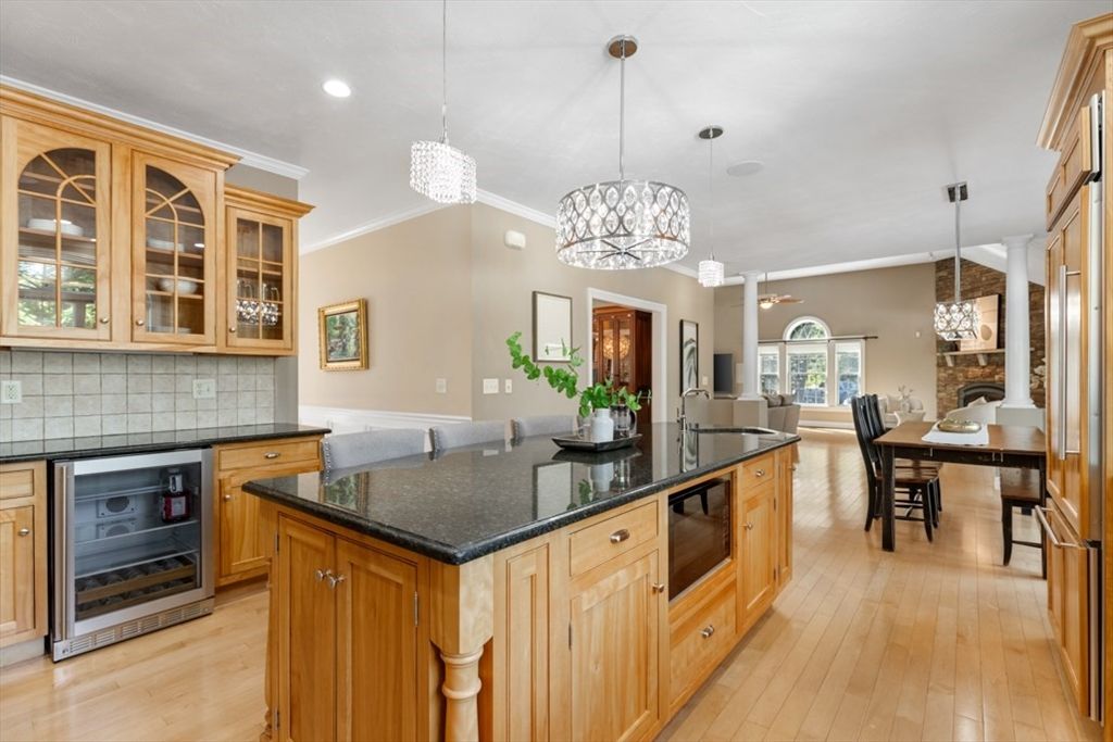 Chandelier, Dining room, Fireplace, Interior, Kitchen, Pendant Lights, Recessed Lighting, Wood Texture Flooring