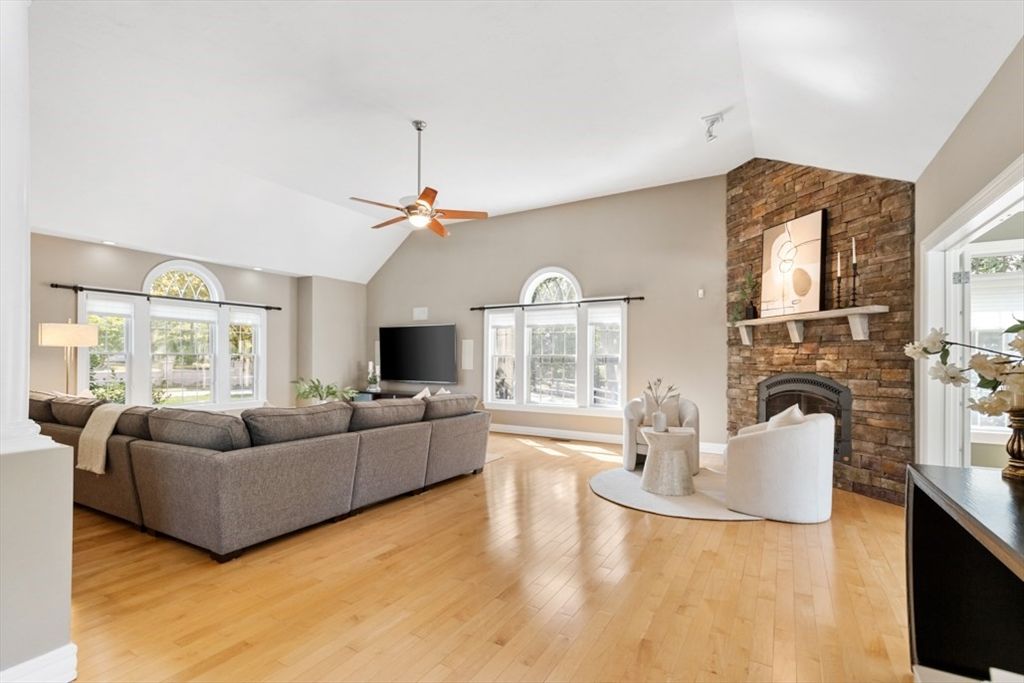 Fireplace, Interior, Living room, Stone Walls, Wood Texture Flooring