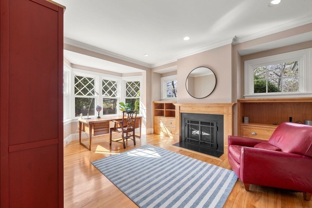 Fireplace, Home Office, Interior, Recessed Lighting, Wood Texture Flooring