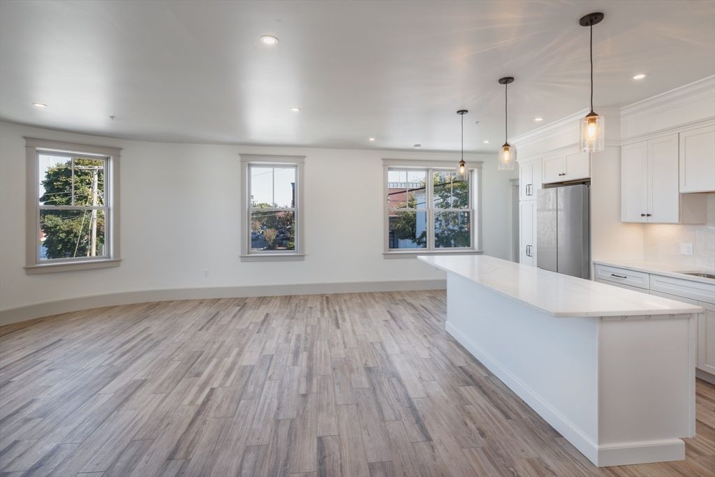 Empty room, Interior, Kitchen, Pendant Lights, Recessed Lighting, Wood Texture Flooring