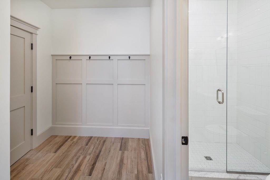 Bathroom, Glass Shower, Interior, Wood Texture Flooring