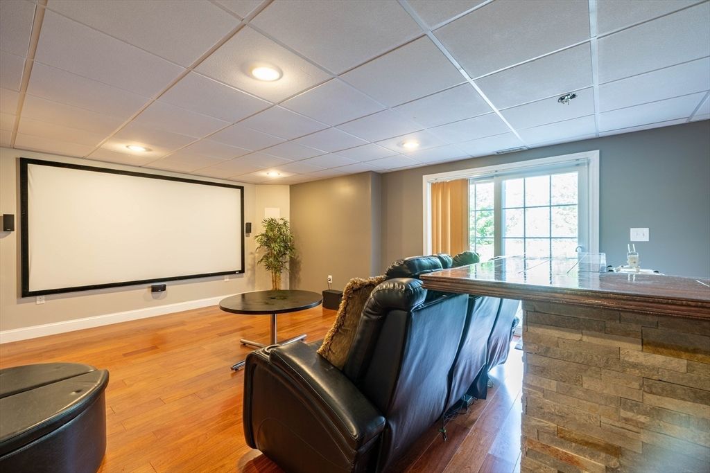 Interior, Projection Screen, Recessed Lighting, Theatre Room, Wood Texture Flooring