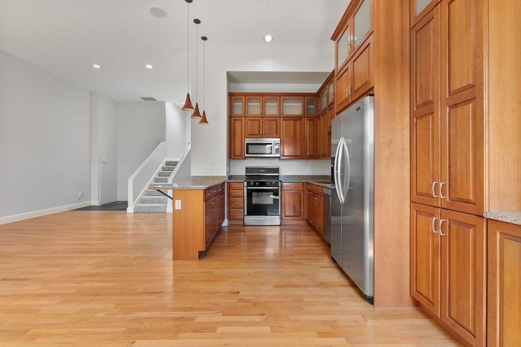 Interior, Kitchen, Pendant Lights, Recessed Lighting, Stainless Steel Appliances, Wood Texture Flooring