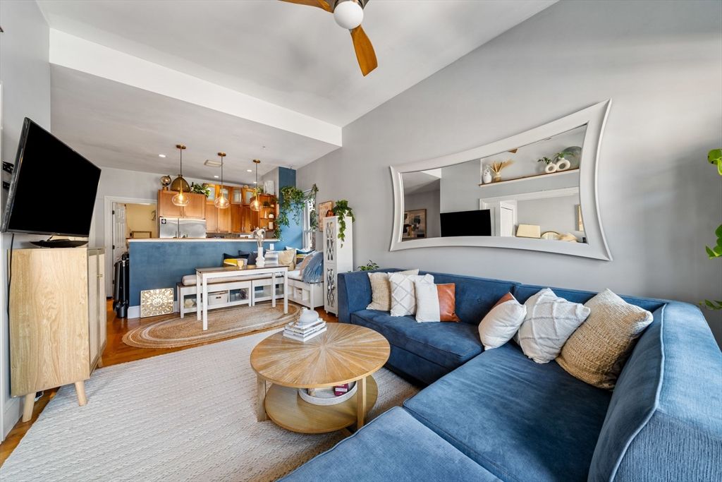 Dining room, Interior, Kitchen, Living room, Pendant Lights, Stainless Steel Appliances, Wood Texture Flooring
