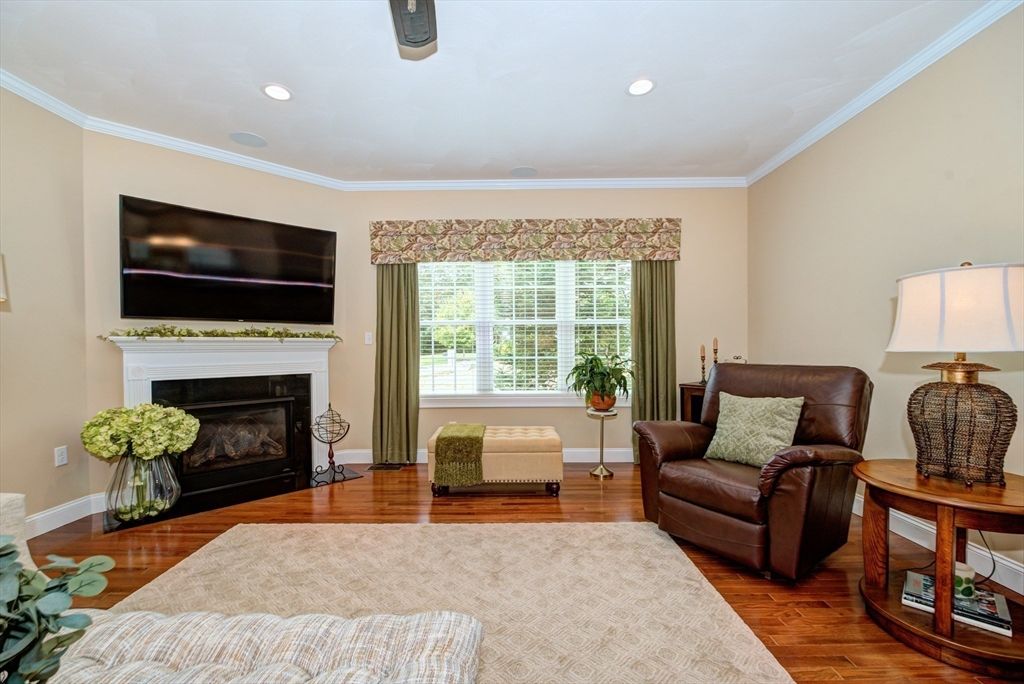 Fireplace, Interior, Recessed Lighting, Wood Texture Flooring