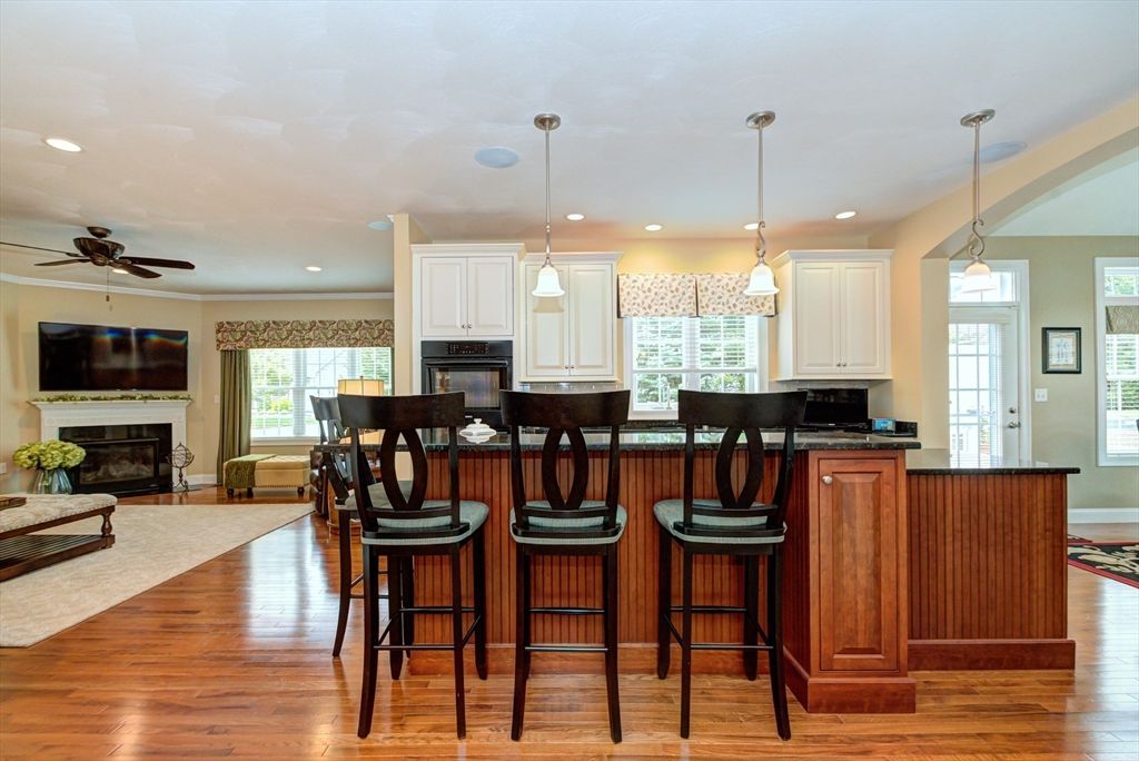 Fireplace, Interior, Kitchen, Pendant Lights, Recessed Lighting, Wood Texture Flooring