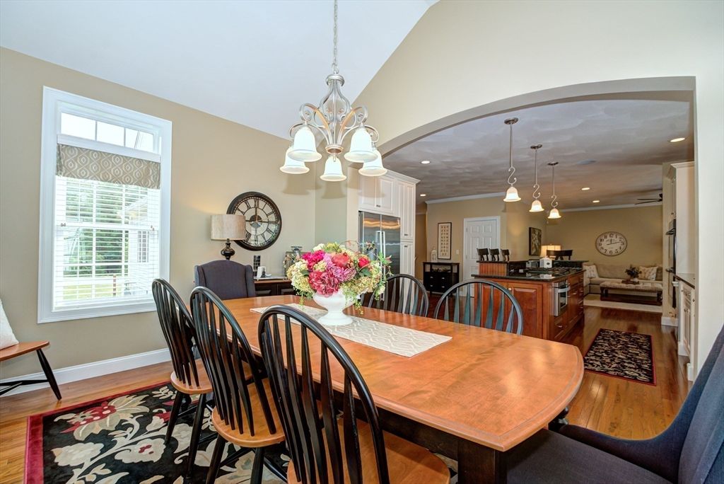 Chandelier, Dining room, Interior, Kitchen, Living room, Pendant Lights, Recessed Lighting, Wood Texture Flooring