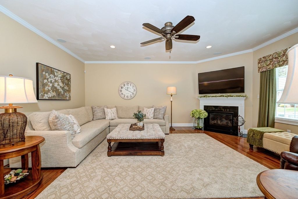 Fireplace, Interior, Living room, Recessed Lighting, Wood Texture Flooring