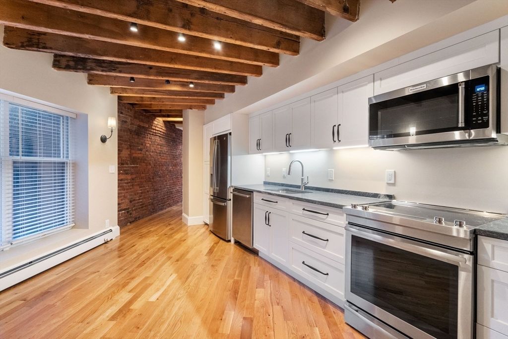 Interior, Kitchen, Stainless Steel Appliances, Stone Walls, Wooden Beams, Wood Texture Flooring