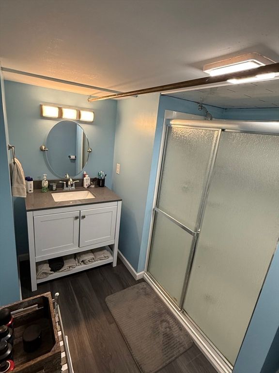 Bathroom, Glass Shower, Interior, Wood Texture Flooring