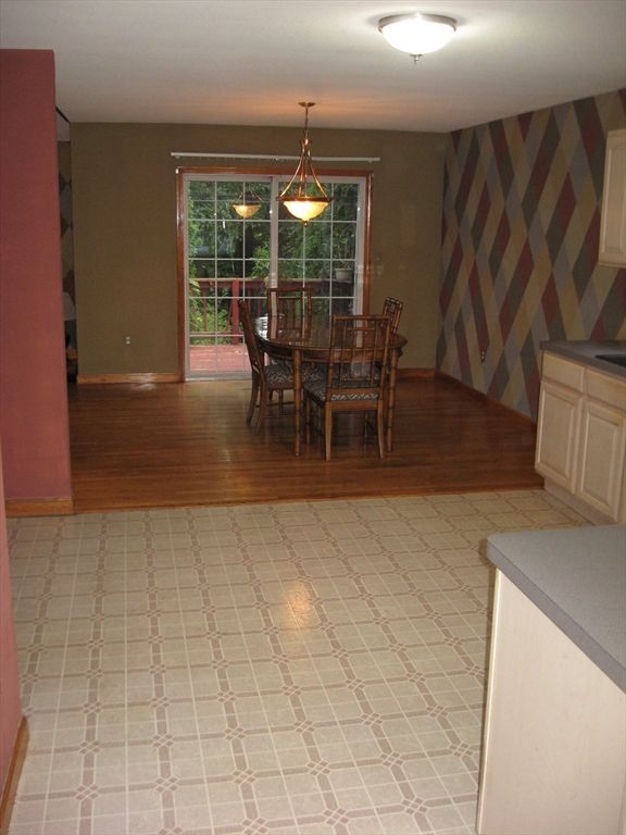 Dining room, Interior, Pendant Lights, Wood Texture Flooring