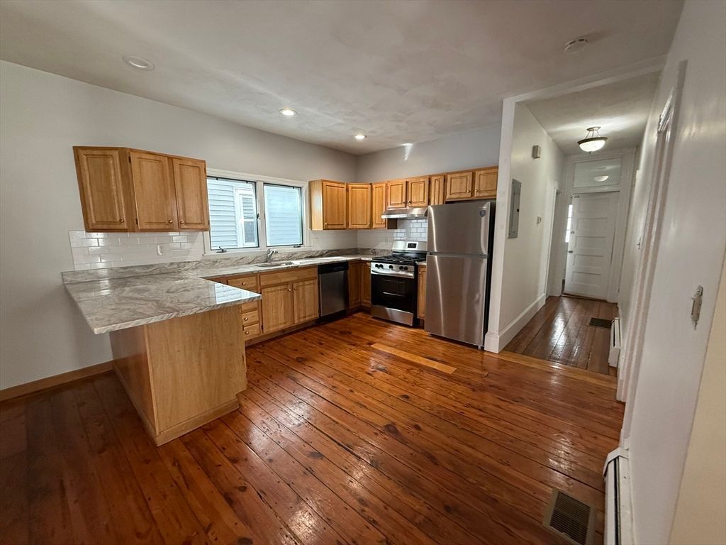 Interior, Kitchen, Recessed Lighting, Stainless Steel Appliances, Wood Texture Flooring