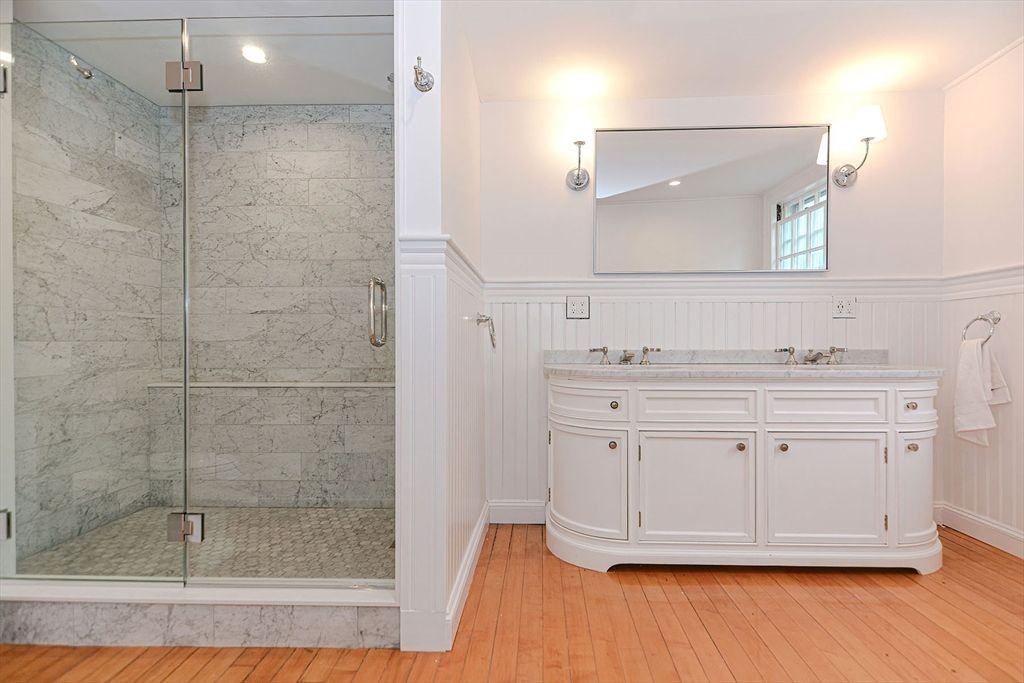 Bathroom, Glass Shower, Interior, Marble Walls, Recessed Lighting, Wood Texture Flooring