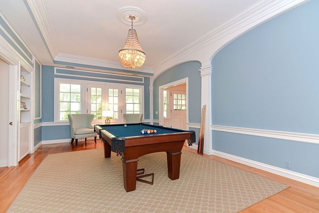 Billiard Table, Chandelier, Game Room, Interior, Wood Texture Flooring
