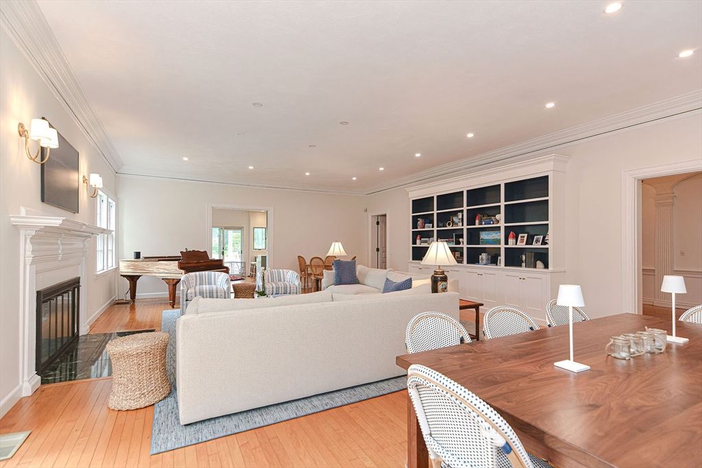Dining room, Fireplace, Interior, Living room, Recessed Lighting, Wood Texture Flooring