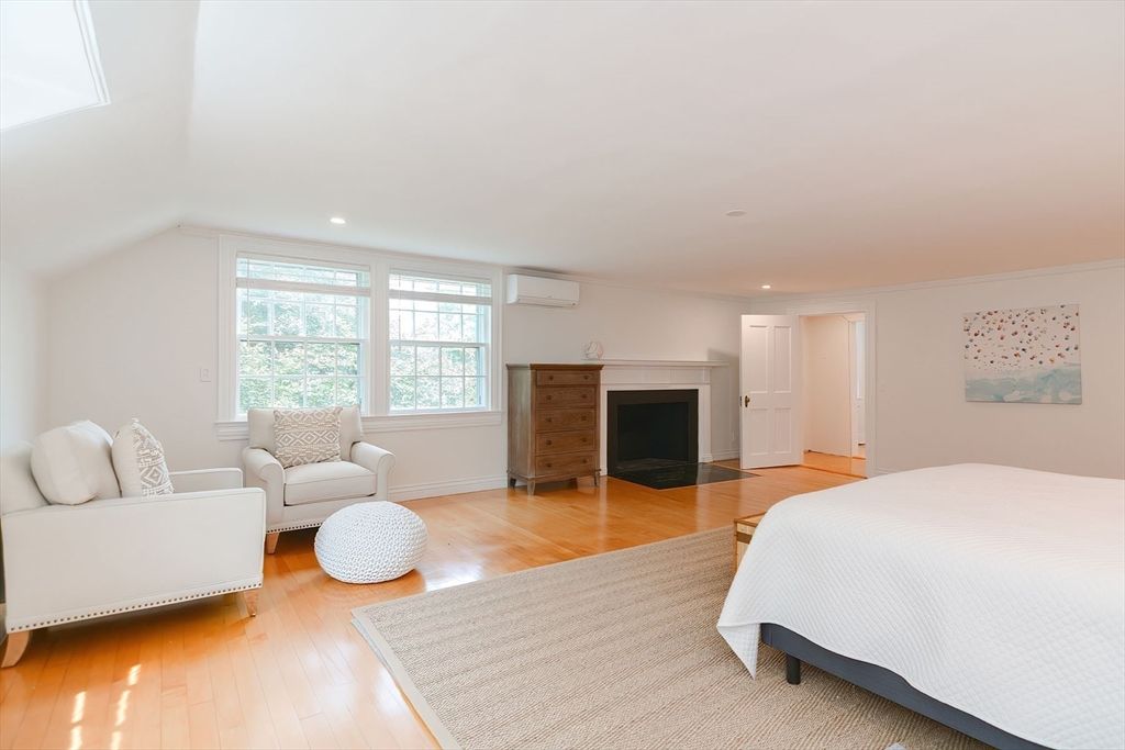 Bedroom, Fireplace, Interior, Recessed Lighting, Wood Texture Flooring