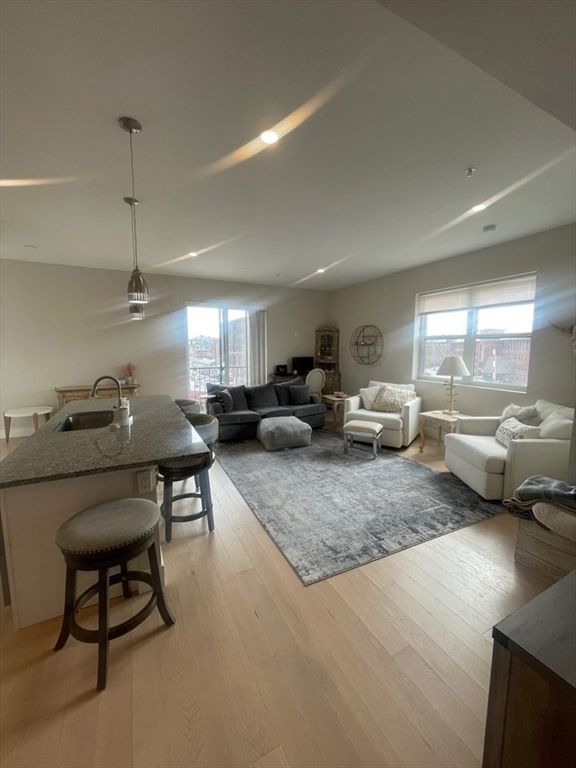 Dining room, Interior, Living room, Pendant Lights, Recessed Lighting, Wood Texture Flooring