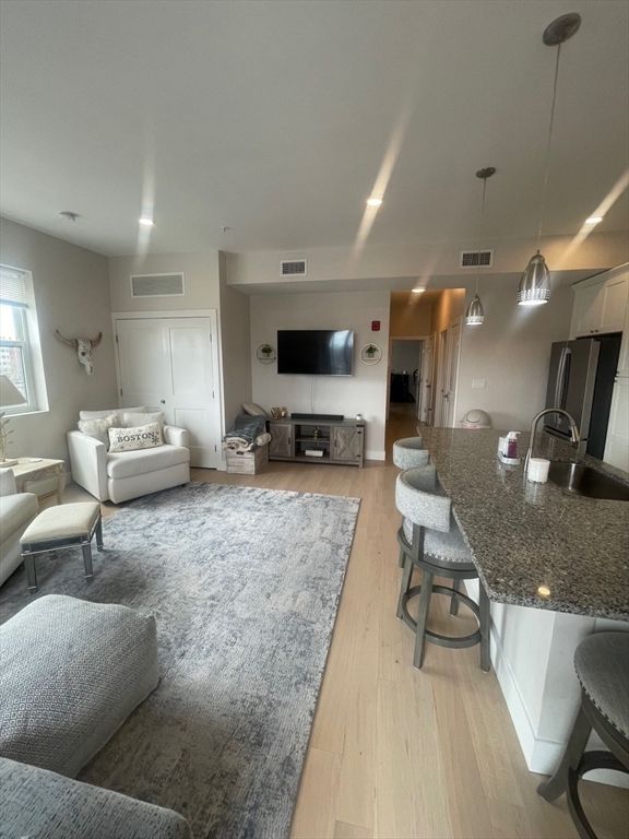Interior, Kitchen, Living room, Pendant Lights, Recessed Lighting, Wood Texture Flooring