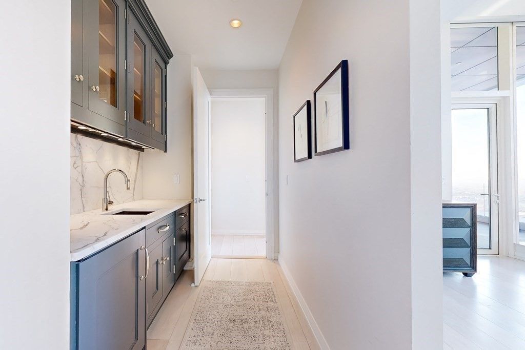 Interior, Kitchen, Marble Walls, Recessed Lighting, Wood Texture Flooring