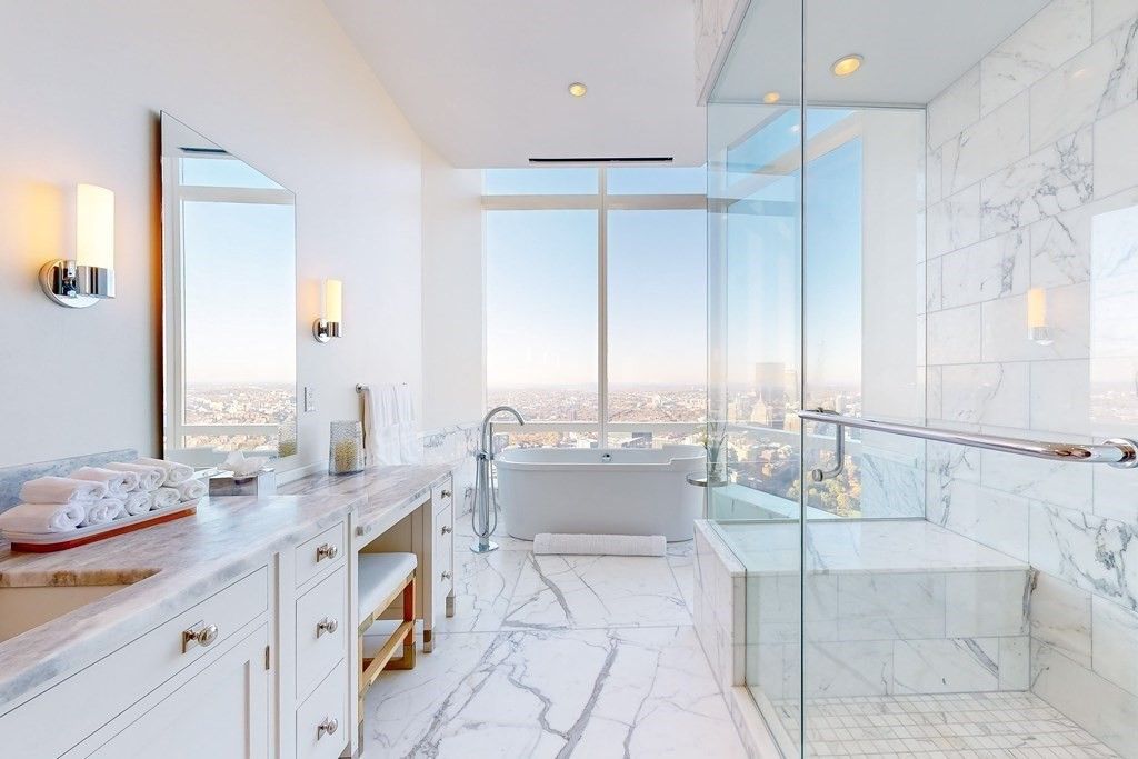 Bathroom, Dual Sink Vanities, Free Standing Baths, Glass Shower, Interior, Marble, Marble Walls, Recessed Lighting