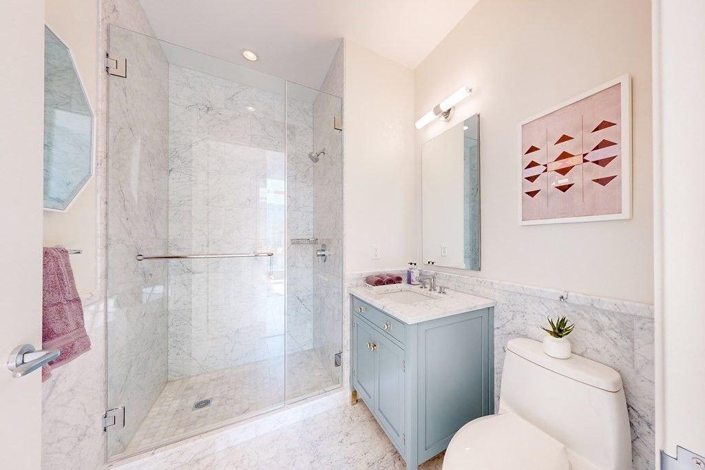 Bathroom, Glass Shower, Interior, Marble, Marble Walls, Recessed Lighting