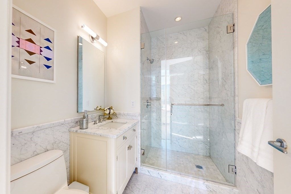 Bathroom, Glass Shower, Interior, Marble, Marble Walls, Recessed Lighting