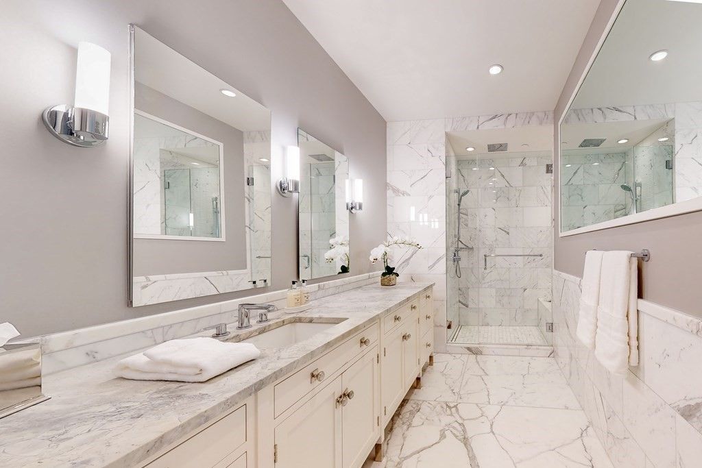 Bathroom, Dual Sink Vanities, Glass Shower, Interior, Marble, Marble Walls, Recessed Lighting
