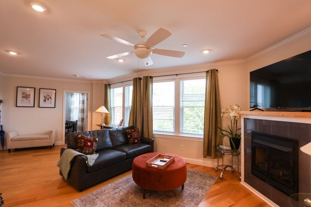 Fireplace, Interior, Living room, Recessed Lighting, Wood Texture Flooring