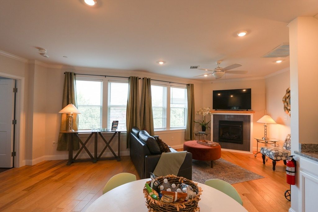 Fireplace, Interior, Living room, Recessed Lighting, Wood Texture Flooring