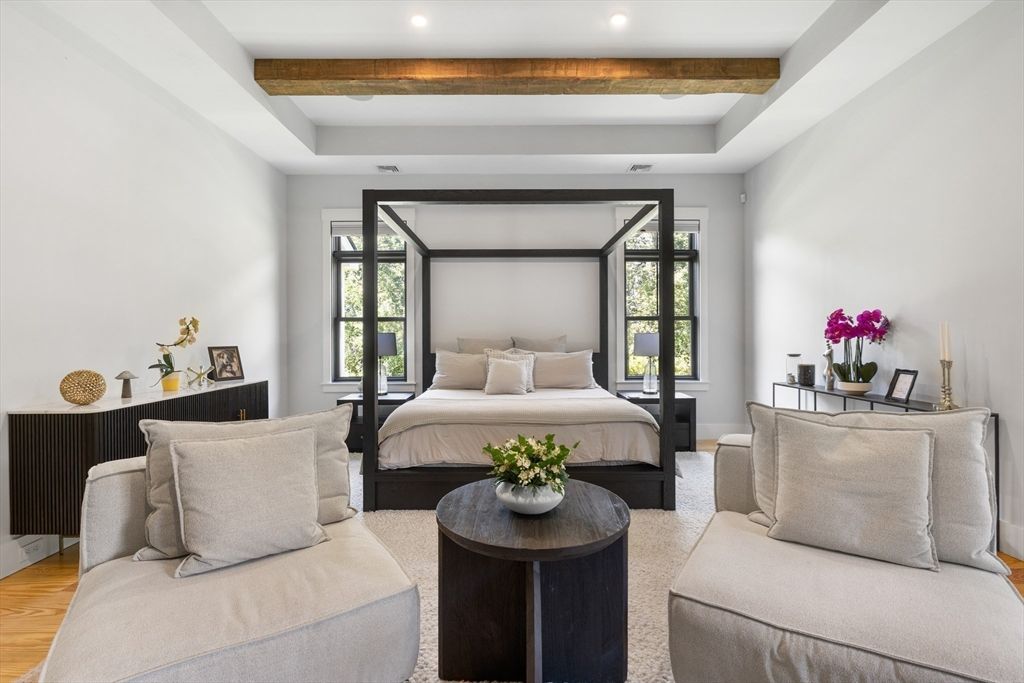 Bedroom, Interior, Recessed Lighting, Wooden Beams, Wood Texture Flooring