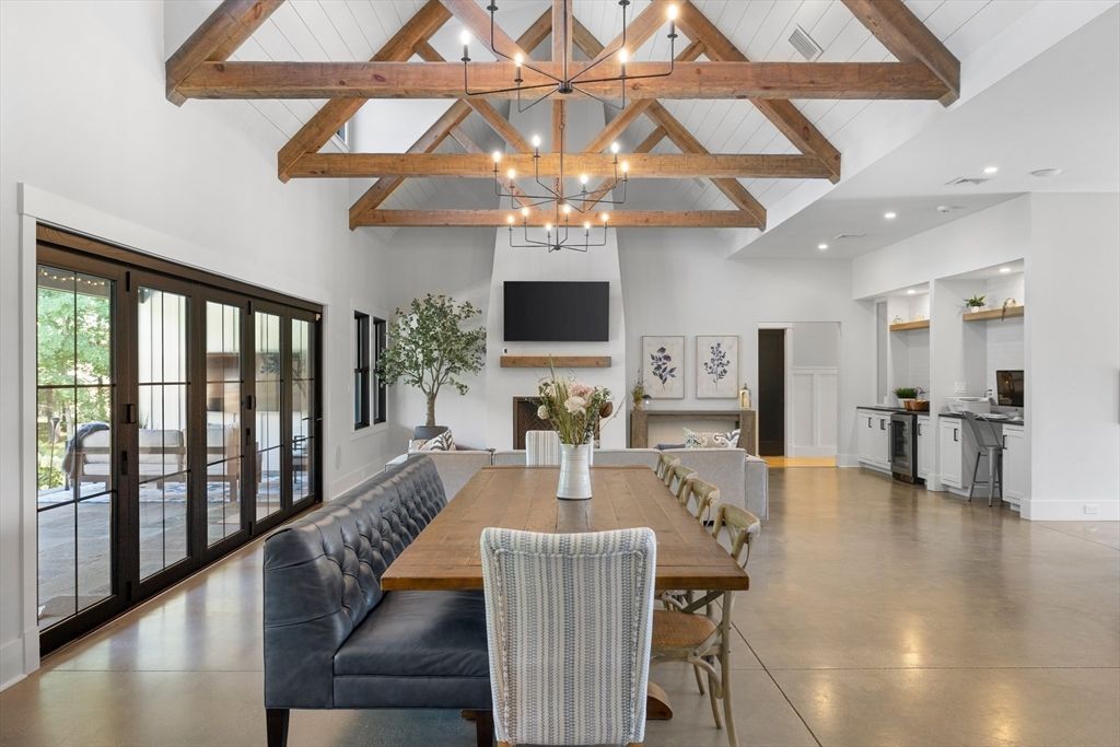 Dining room, Fireplace, Interior, Kitchen, Living room, Pendant Lights, Recessed Lighting, Wooden Beams