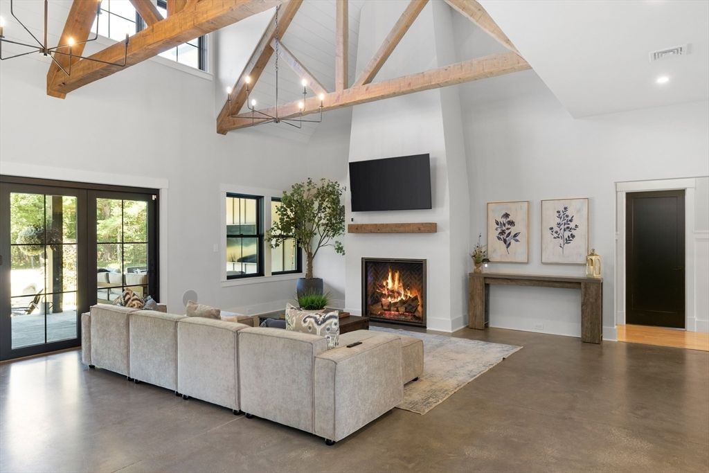 Fireplace, Interior, Living room, Pendant Lights, Recessed Lighting, Wooden Beams