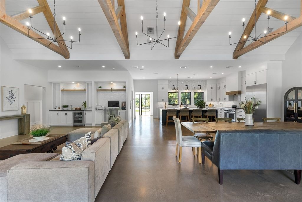 Dining room, Interior, Kitchen, Living room, Pendant Lights, Recessed Lighting, Stainless Steel Appliances, Wooden Beams