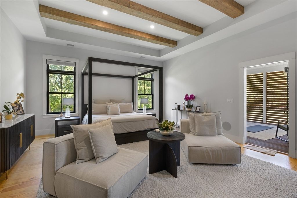 Bedroom, Interior, Recessed Lighting, Wooden Beams, Wood Texture Flooring