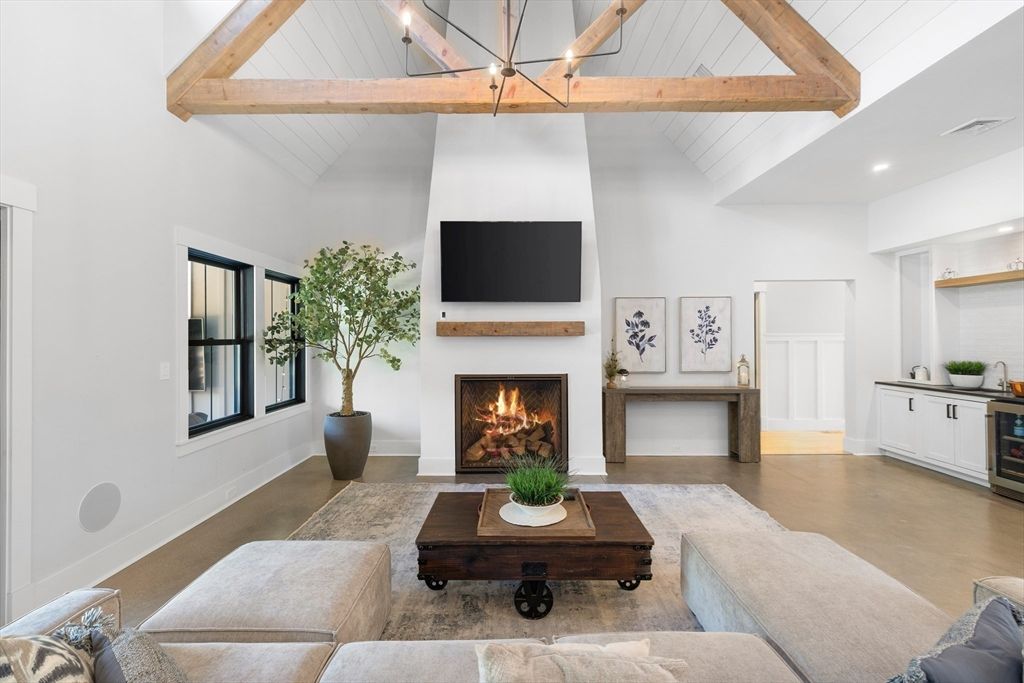 Fireplace, Interior, Living room, Pendant Lights, Recessed Lighting, Wooden Beams, Wood Texture Flooring