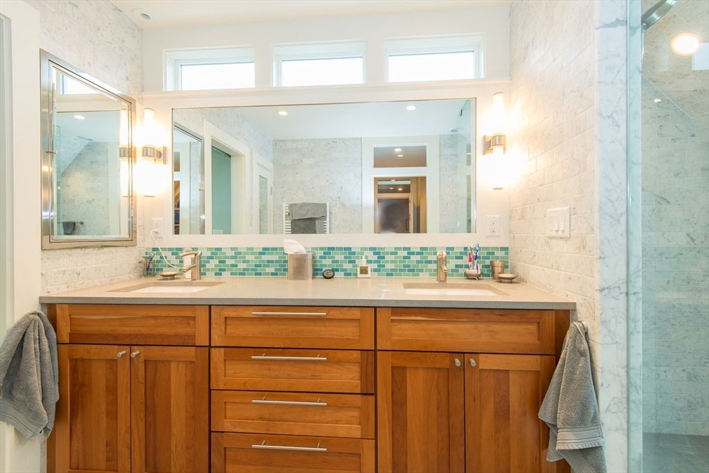 Bathroom, Dual Sink Vanities, Interior, Marble Walls, Recessed Lighting