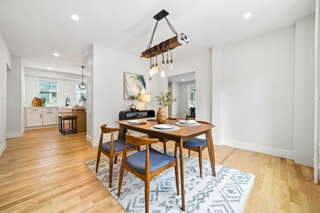 Dining room, Interior, Pendant Lights, Recessed Lighting, Wood Texture Flooring