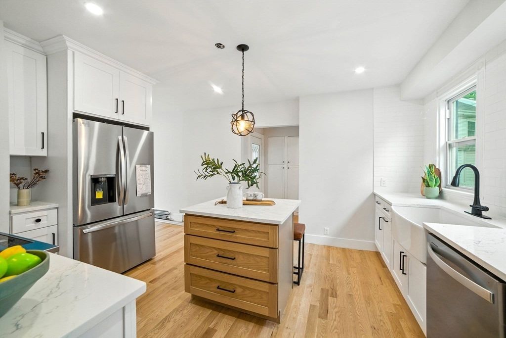 Interior, Kitchen, Pendant Lights, Recessed Lighting, Stainless Steel Appliances, Wood Texture Flooring
