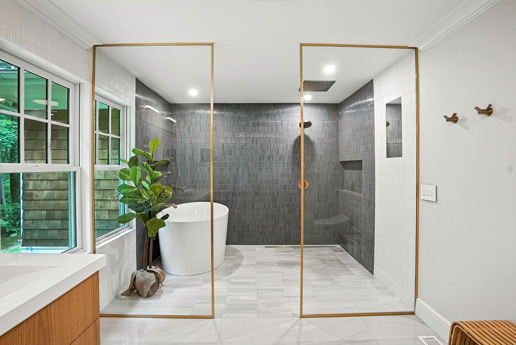 Bathroom, Free Standing Baths, Glass Shower, Interior, Recessed Lighting
