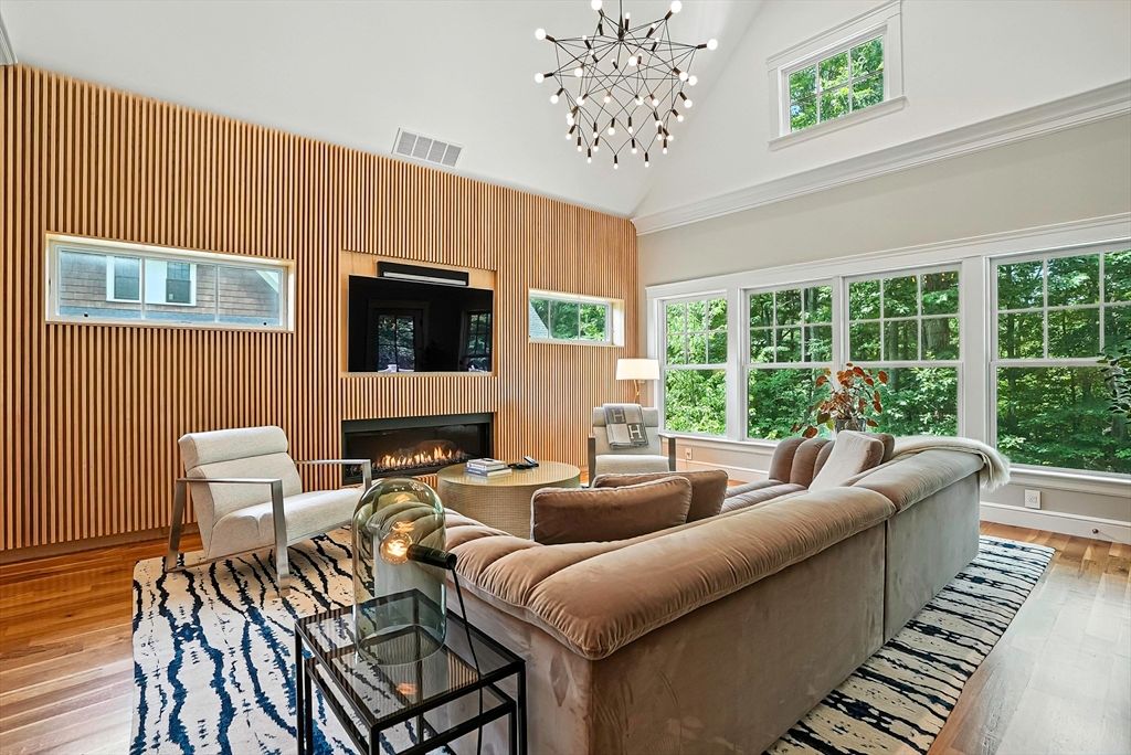 Fireplace, Interior, Living room, Pendant Lights, Wood Texture Flooring, Wooden Walls