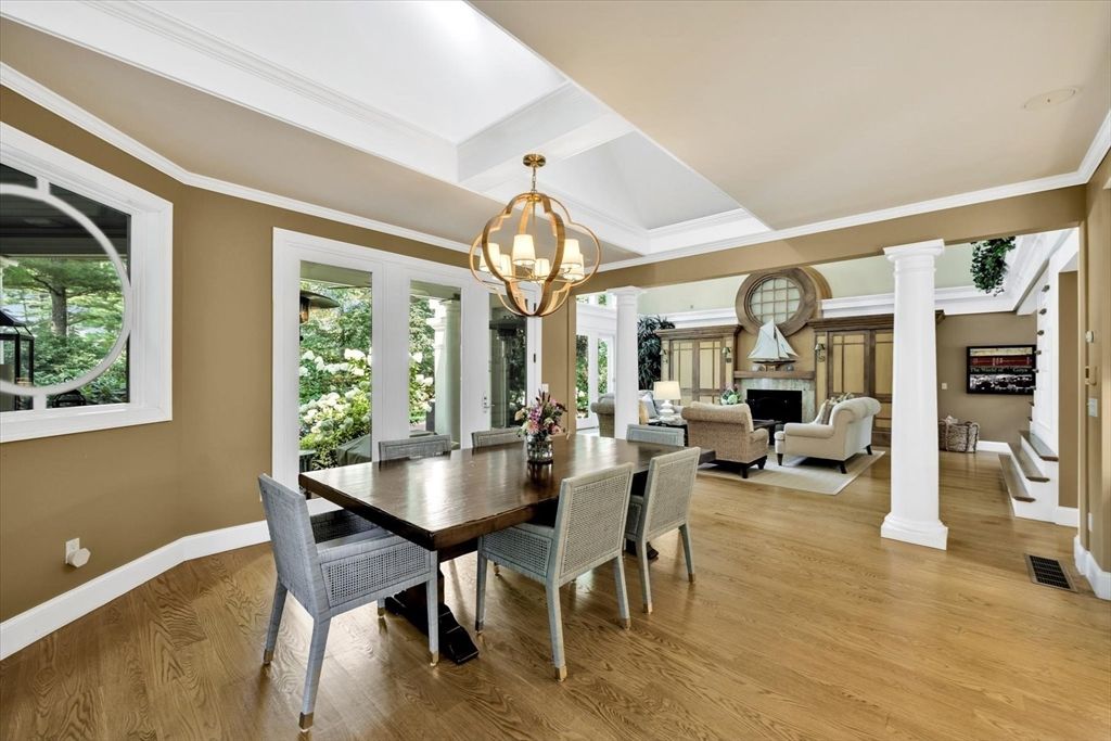 Chandelier, Dining room, Fireplace, Interior, Living room, Wood Texture Flooring